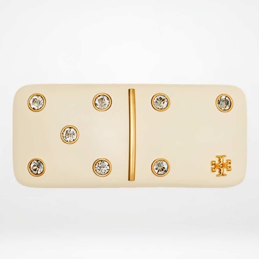 Tory Burch Cream Leather Crystal-Stud barrette  With Gold Accents